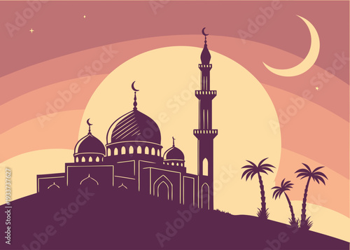 A serene mosque at dusk with palm trees and a crescent moon in the sky isolated on transparent background, isolated on white background, Vector