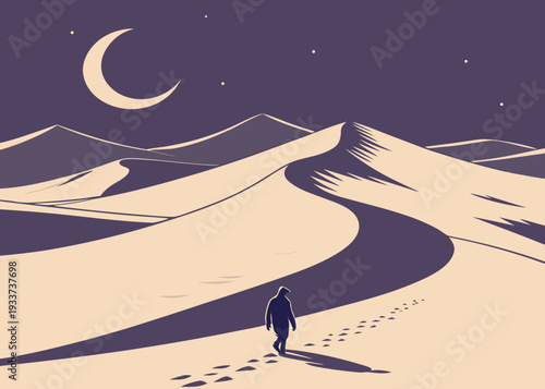 A solitary figure stands atop a vast, moonlit desert landscape. isolated on transparent background, isolated on white background, Vector
