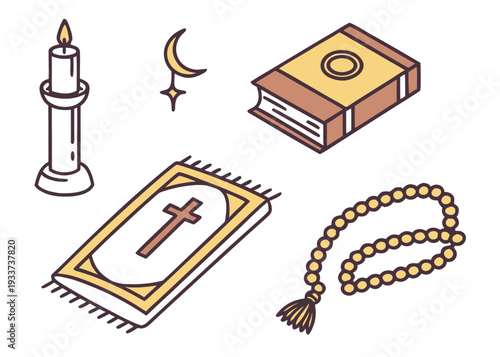 A collection of religious artifacts including a candle, prayer mat, holy book, and prayer beads isolated on transparent background, isolated on white background, Vector