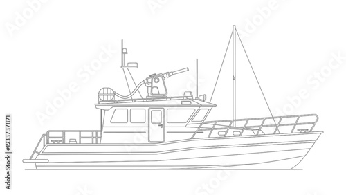 Coastal Cruiser: A detailed, minimalist line drawing of a sturdy coastal vessel, ideal for navigation. Capturing the essence of maritime transport.