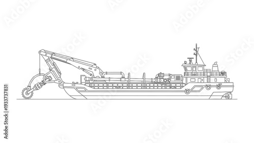 Dredger vessel: A detailed line drawing of a dredger vessel showcases its complex machinery, used for dredging and excavation operations in waterways, a symbol of infrastructure development.