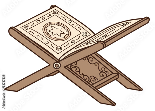 An intricately designed wooden stand holding an open book with arabic script. isolated on transparent background, isolated on white background, Vector