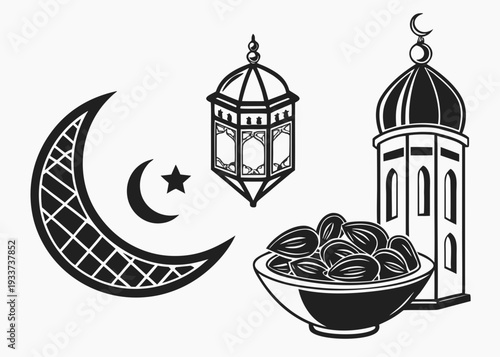 Islamic symbols including a crescent moon, lanterns, and dates isolated on transparent background, isolated on white background, Vector