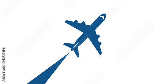 Blue Airplane Silhouette Flying High Above White Background with Trailing Line