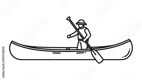 Canoeing Adventure: Simple illustration of a person sailing alone in a canoe, paddling on a journey, exploring wilderness.