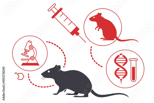 Vector illustration design depicting laboratory mice subject to scientific research involving injections microscopy genetic testing and pharmaceutical development
