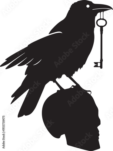 Crow with Key on Human Head Silhouette - Mystery and Knowledge Concept