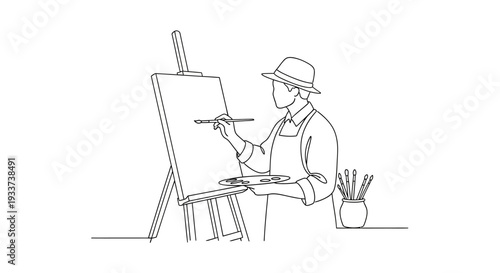 Artist painting on canvas at easel with palette and brushes, line art