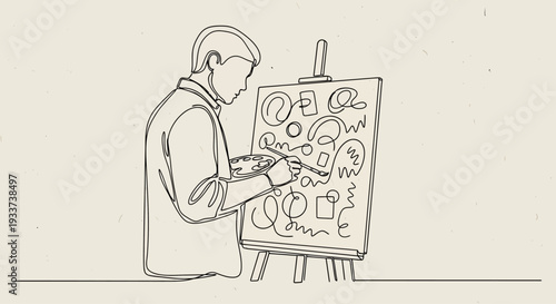 Artist painting abstract shapes on canvas, minimalist line art, creative process