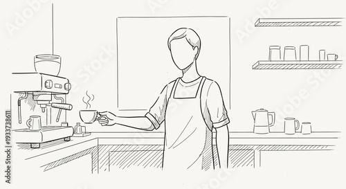 Barista making coffee, hand pouring espresso from machine into cup, cafe interior sketch