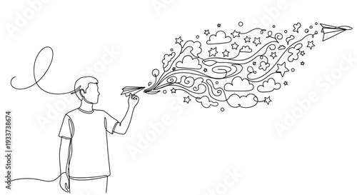 Boy launches paper airplane with imaginative, starry cloud trail