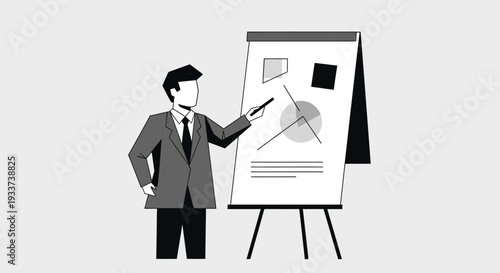 Businessman presenting data on flip chart with geometric shapes and charts