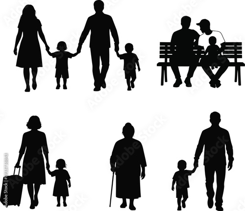 Family silhouette illustrations of people walking and sitting together