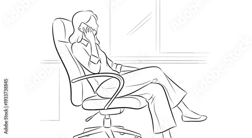 Businesswoman talking on phone while sitting in office chair, line art illustration