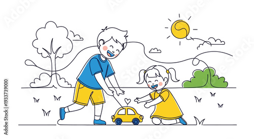 Children playing with toy car outdoors in sunny day, line art illustration