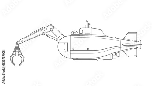 Submarine Exploration: Detailed blueprint of a state-of-the-art submarine, showcasing intricate mechanical arms designed for deep-sea exploration and scientific discovery. 