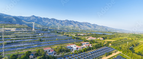Photography Solar Farm and Rural Village at Foot of Zhongtiao Mountains