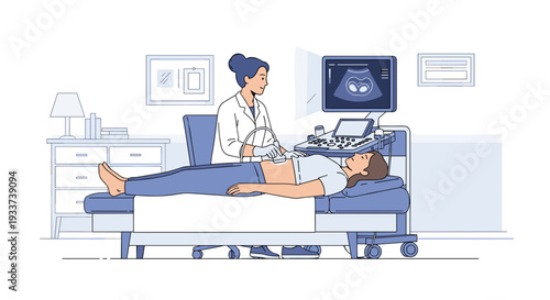 Pregnant woman having ultrasound scan by doctor.