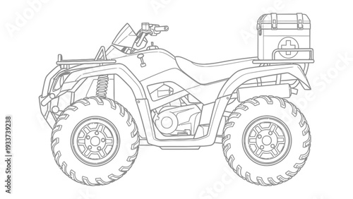 Quad Bike Illustration: A detailed black and white illustration of an all-terrain vehicle, perfect for outdoor adventures and utility purposes.