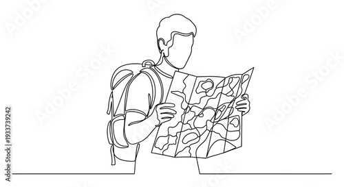 Continuous line drawing of a traveler looking at a map with a backpack