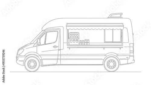 Food Truck Blueprint: A detailed outline showcases a modern food truck, ready to serve culinary delights, highlighting its sleek design and functional layout.