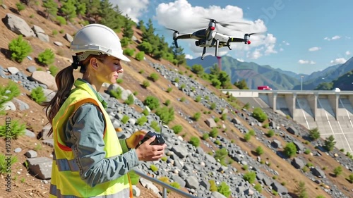 Woman operates drone near dam.