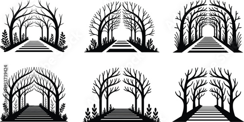 Collection of six black forest path silhouettes with arched trees and walking trails isolated on white background for nature design.