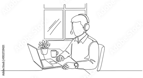 Customer service agent with headset working on laptop, continuous line drawing