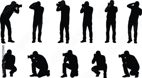 Kids and Professionals Silhouettes Set with Superheroes, Karate Poses, Musicians, Photographers, Videographers, Studio Equipment, Children Playing, and Creative Career Icons.