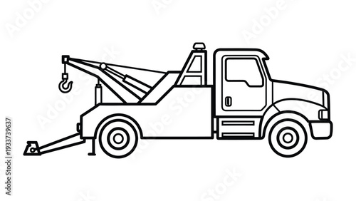 Roadside Recovery: A precise line drawing of a tow truck, ready to provide assistance on the road, with its hook and boom extended. 