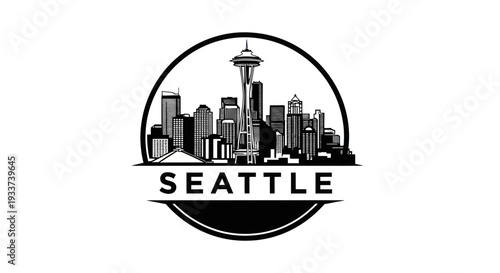 Seattle Cityscape Skyline Stamp Emblem Silhouette - Vector Graphic