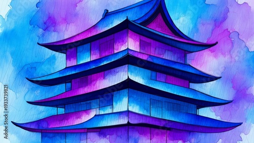 Vibrant Pagoda Watercolor Art