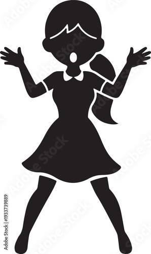 Striking black silhouette illustration of a surprised cartoon woman. Her hands raised and mouth open, vividly depicting shock, wonder, or astonishment