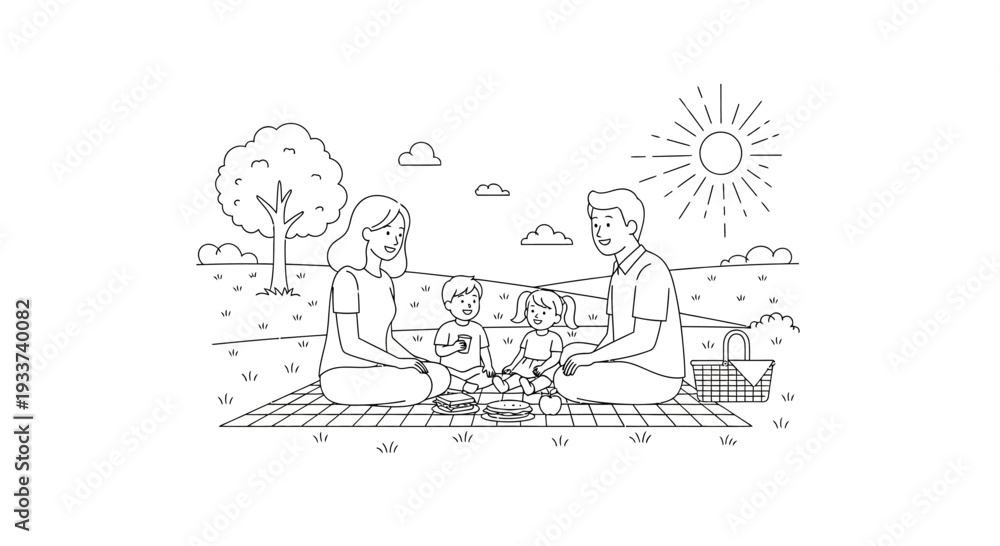 Obraz premium Family Picnic Drawing: Parents and Children Enjoying Outdoors in Sunny Park
