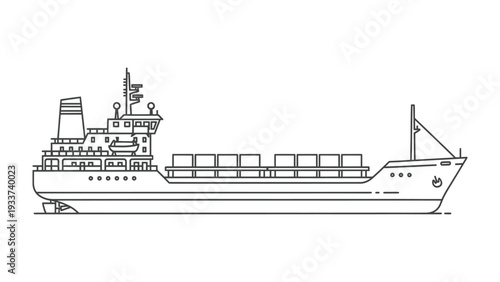 Cargo Ship Illustration: A detailed outline of a cargo ship, designed for efficient goods transport across vast oceans, showcasing its cargo containers and maritime prowess.