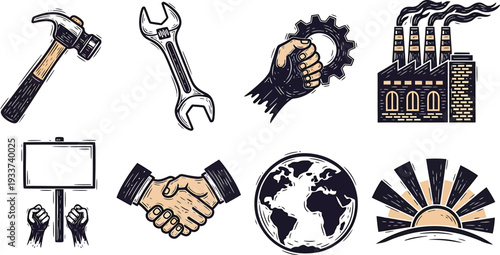 Linocut Worker Rights Icon Set Hammer Wrench Factory Globe Rising Sun Vector Art