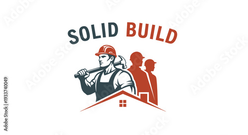 Solid Build Logo with Construction Workers and House Roof.
