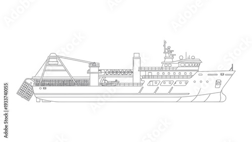 Ocean Vessel Illustration: A detailed black and white illustration of an ocean vessel, showcasing its structural design and maritime functionality.