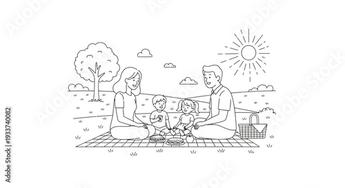 Family Picnic Drawing: Parents and Children Enjoying Outdoors in Sunny Park