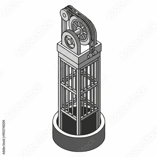 Detailed technical drawing of a mechanical device with gears and cylindrical structure.