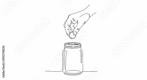 Hand dropping coin into glass jar, minimalist line art, savings concept