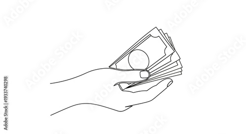 Hand holding fan of money, simple line drawing illustration