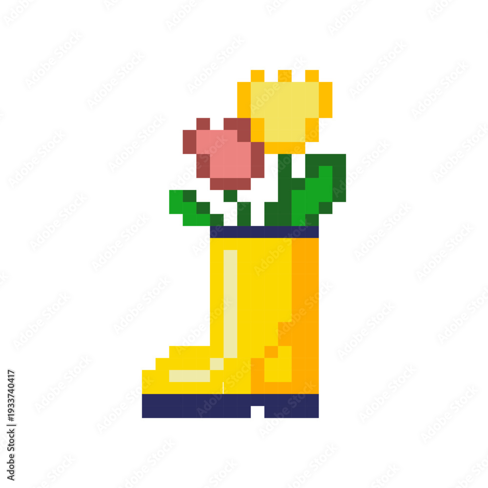 Fototapeta premium Pixel Art Yellow Rain Boot Used As Flower Vase