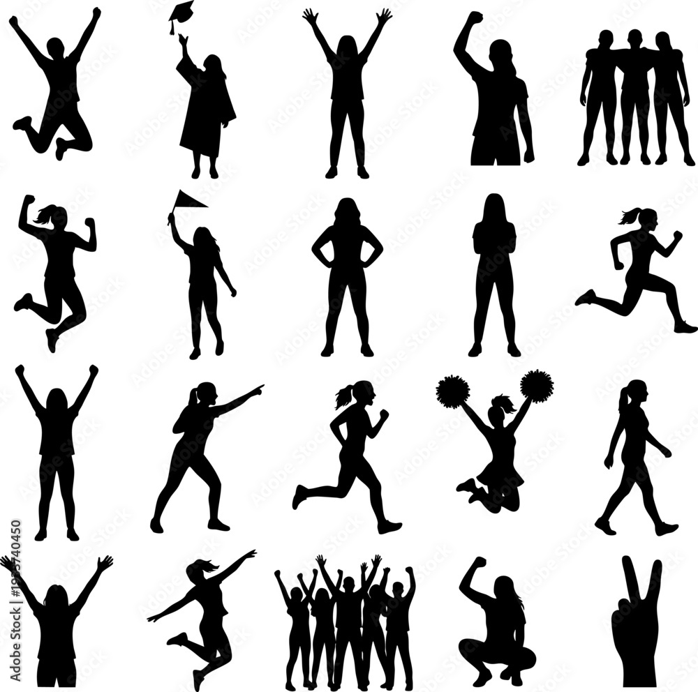 Fototapeta premium Women Empowerment and Fitness Silhouette Set – Female Action, Celebration and Victory Poses Collection