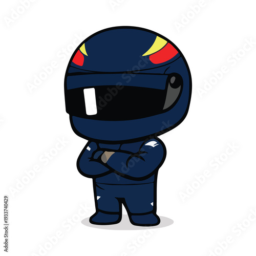 Cute Chibi Formula Racing Driver in Dark Blue Suit Crossed Arms Flat Illustration