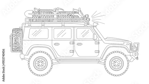 Adventure-Ready SUV: A detailed, monochrome illustration of a rugged SUV, fully equipped for off-road adventures, featuring roof rack, spare tire, and other adventure accessories.