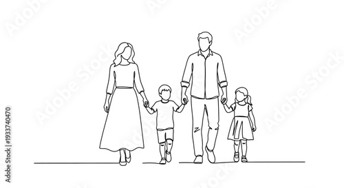 Happy Family Walking Together, Line Art Illustration