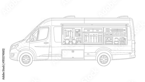 Mobile Kitchen: Detailed drawing of a modern mobile kitchen, ready to bring culinary experiences to any location, perfect for food service business ventures.