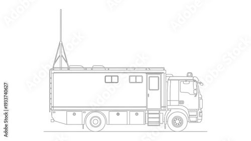 Modern Mobile Command Unit: A meticulously detailed outline showcases a state-of-the-art mobile command unit, illustrating its advanced technology and sleek design.