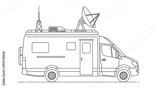 News Gathering Vehicle: Detailed illustration of a news gathering vehicle, equipped with a satellite dish and antenna, essential tools for broadcasting news.
